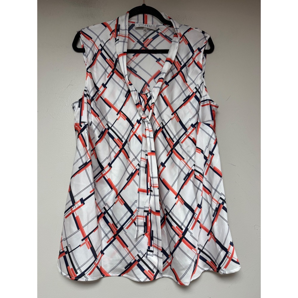 Kasper Blouse Women 1X White Navy Coral Excellent Tie‎ Neck Geometric Sleeveless